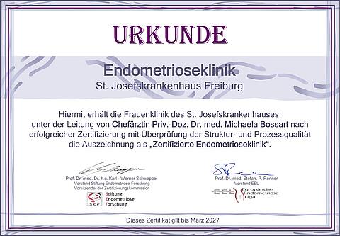 Erstzertifikat der Endometriose Klinik am St. Josefskrankenhaus Freiburg